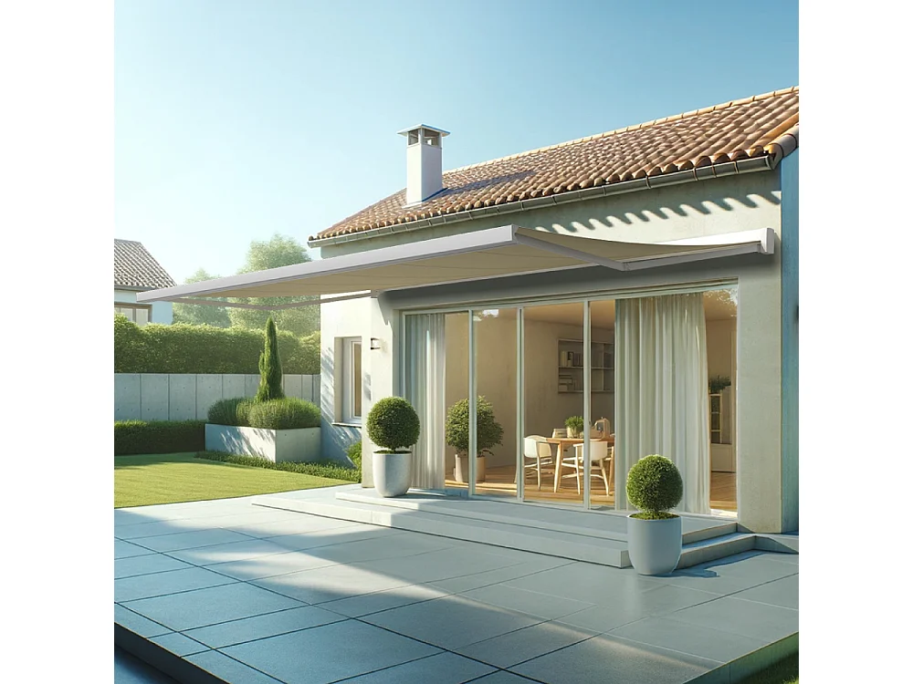 Tenda cassonetto SOA 6,00x3,50 m Motorizzato + Emergenza + LED - Bianco - Beige