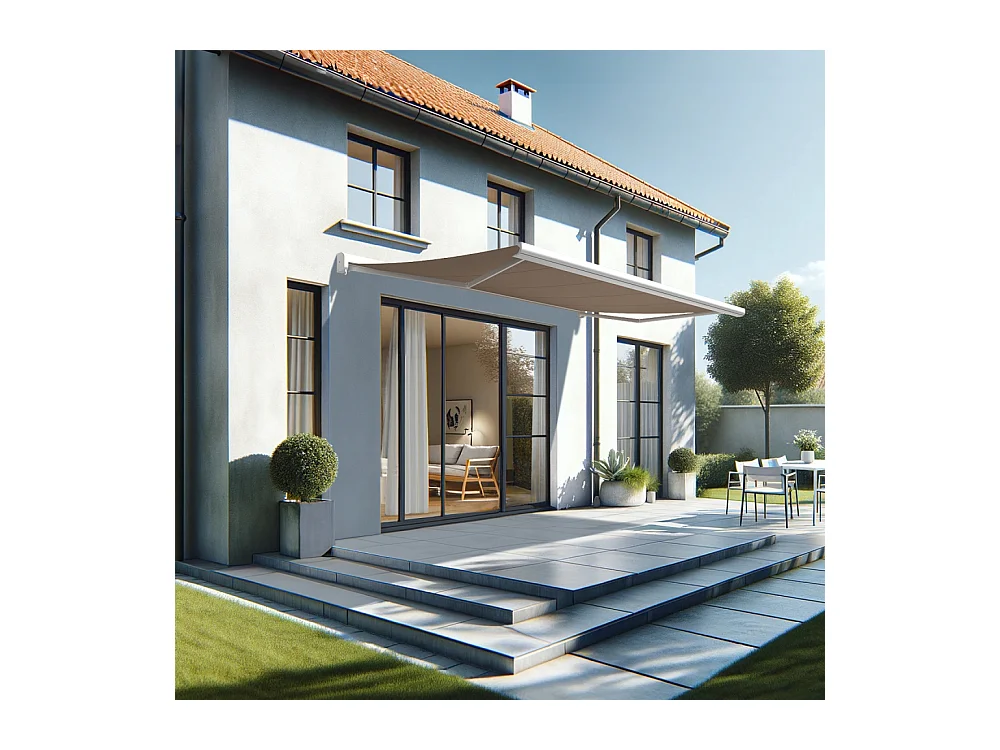 Store banne coffre CELESTE 5,00x3,00 m Motorisé Secours Télécommande + LED - Blanc - Taupe