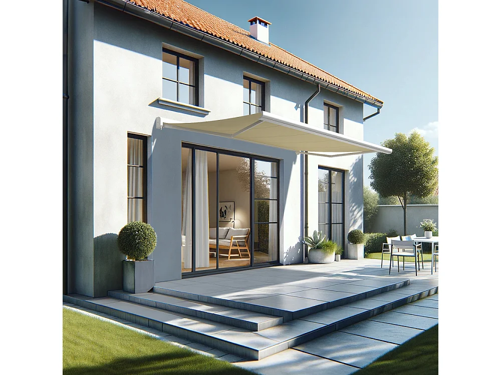 Store banne coffre CELESTE 5,00x3,00 m Manuelle - Blanc - Écru