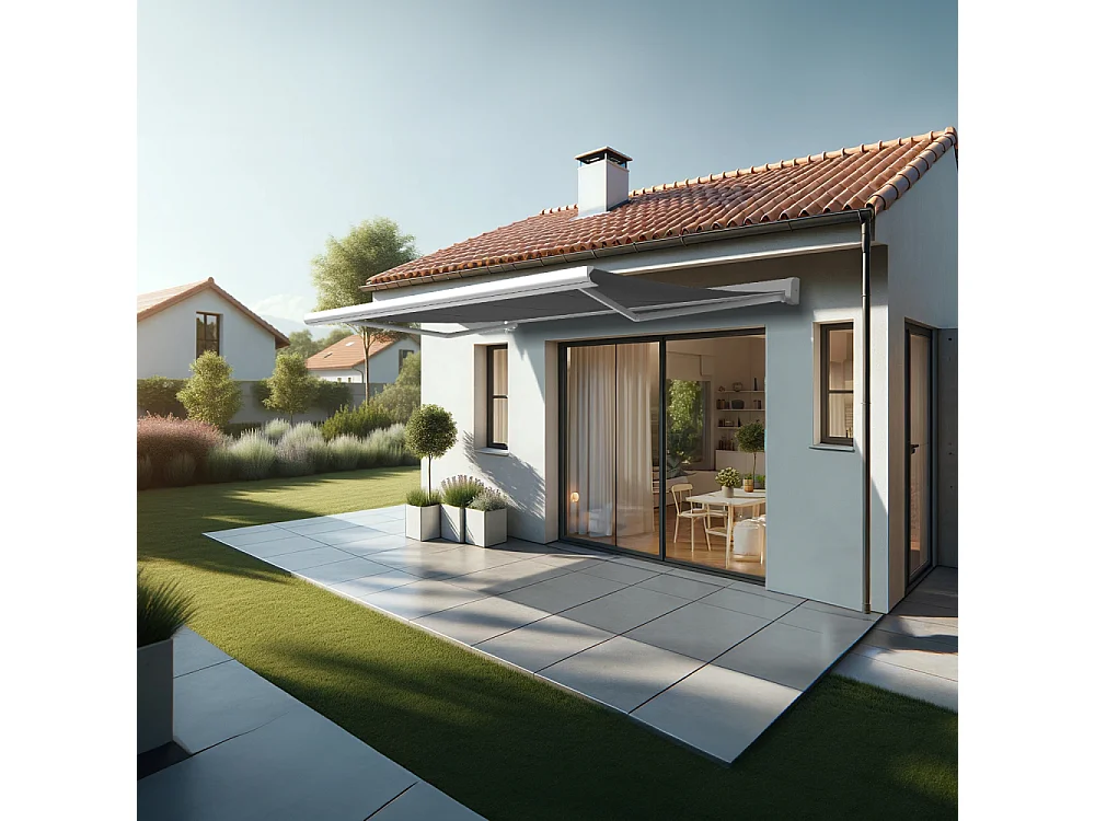 Store banne coffre CELESTE 4,00x3,00 m Motorisé Secours à Télécommande - Blanc - Gris