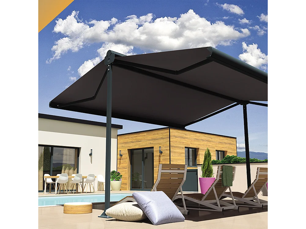 Store double pente ENARGITE 6,00x2x3,00 m Motorisé à Télécommande - Gris - Gris