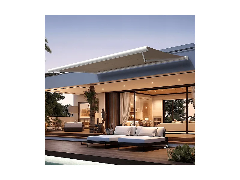 Store banne coffre CINABRE 3,00x2,00 m Motorisé à Télécommande - Blanc - Taupe