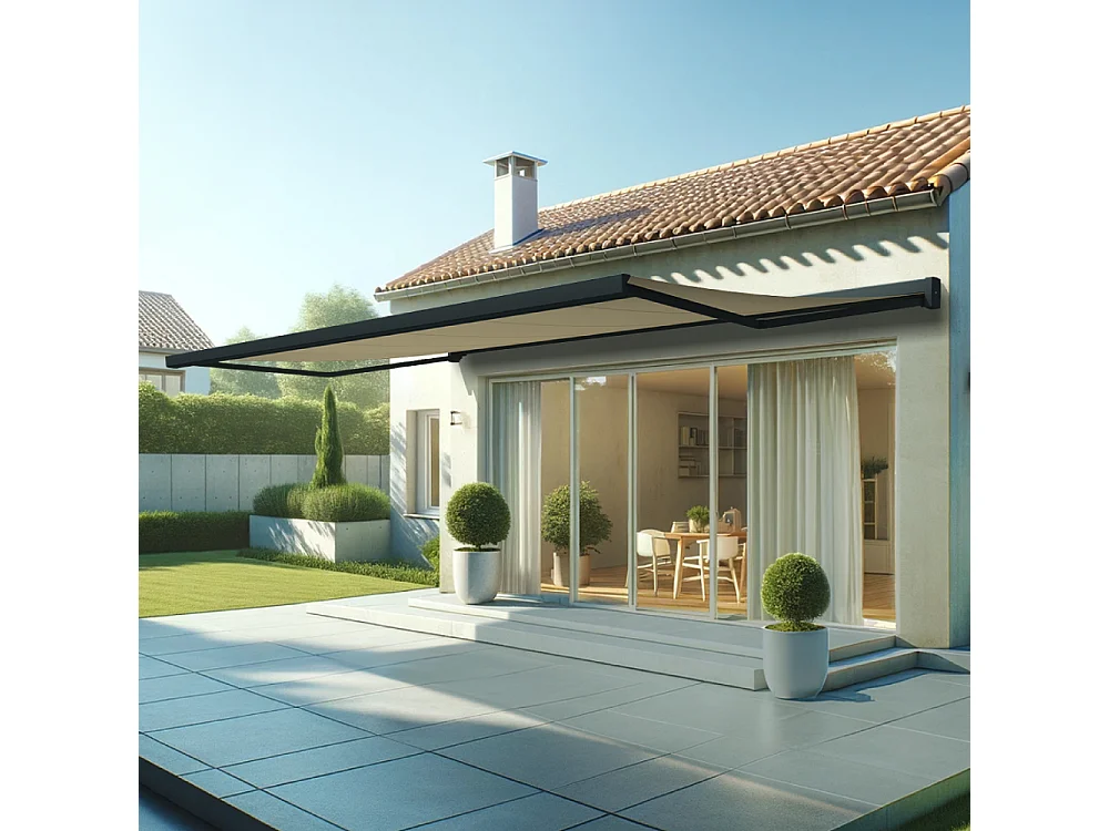 Store banne coffre SOA 6,00x3,50 m Motorisé Secours à Télécommande + LED - Gris - Écru