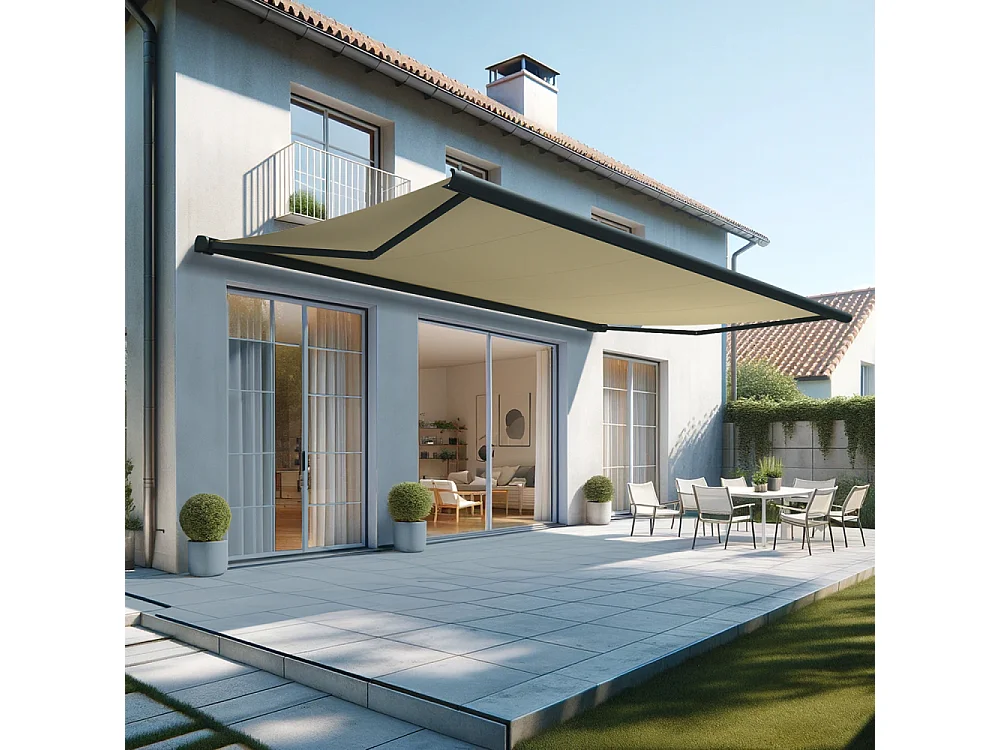 Store banne coffre HEVOA 6,00x3,50 m Motorisé Secours à Télécommande + LED - Gris - Écru