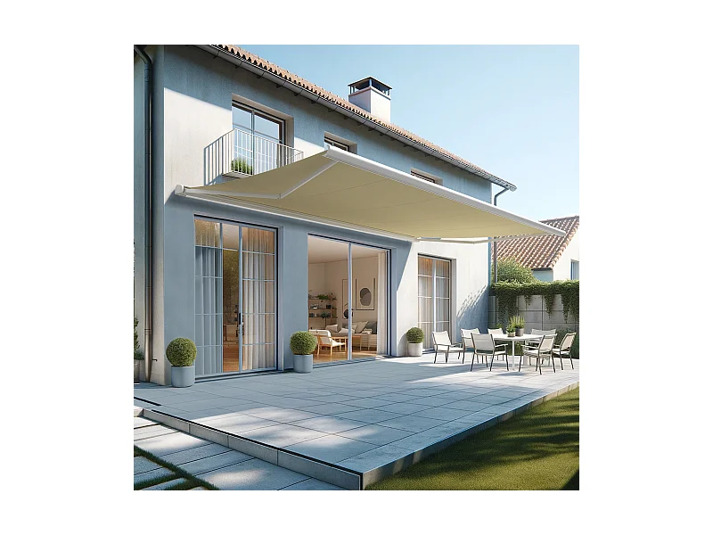 Store banne coffre HEVOA 6,00x3,50 m Motorisé Secours à Télécommande + LED - Blanc - Écru