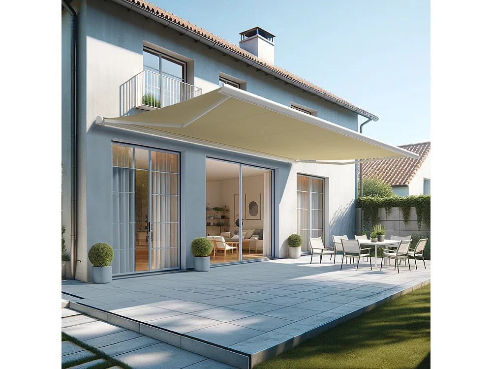 Store banne coffre HEVOA 6,00x3,50 m Motorisé Secours à Télécommande + LED - Blanc - Écru