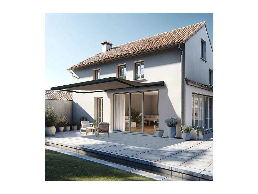 Store banne coffre SOA 4,10x3,50 m Motorisé Secours à Télécommande + LED - Gris - Taupe