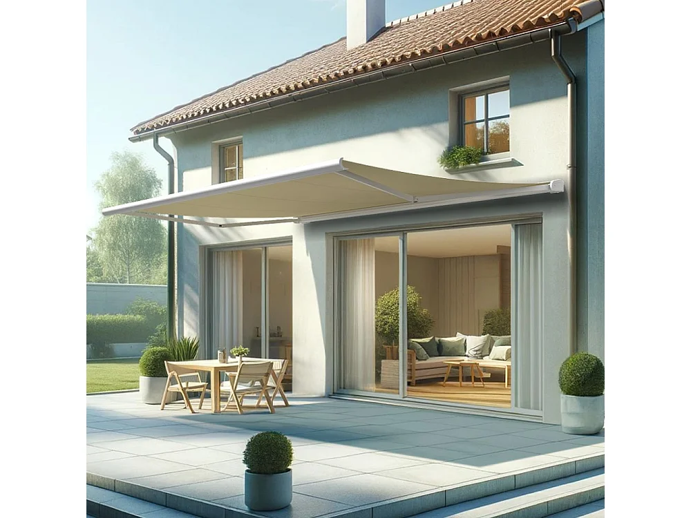 Store banne coffre HEVOA 5,00x3,50 m Motorisé Secours à Télécommande + LED - Blanc - Écru