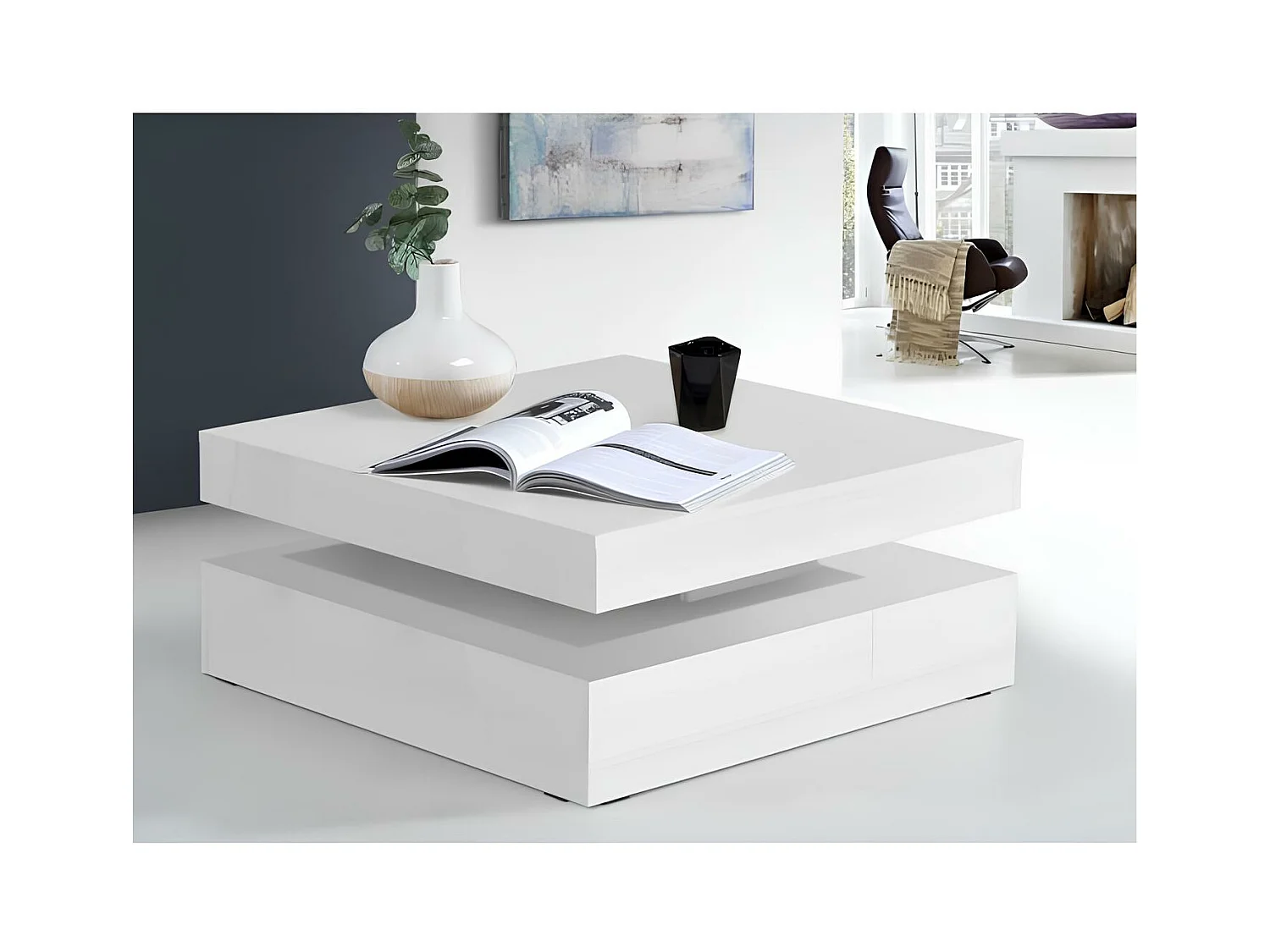 Table basse carrée plateau rotatif, blanc brillant
