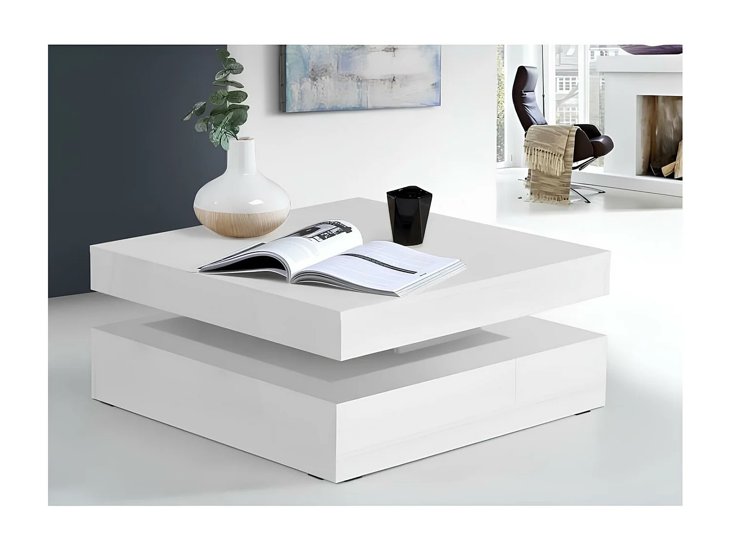Table basse carrée plateau rotatif, blanc brillant