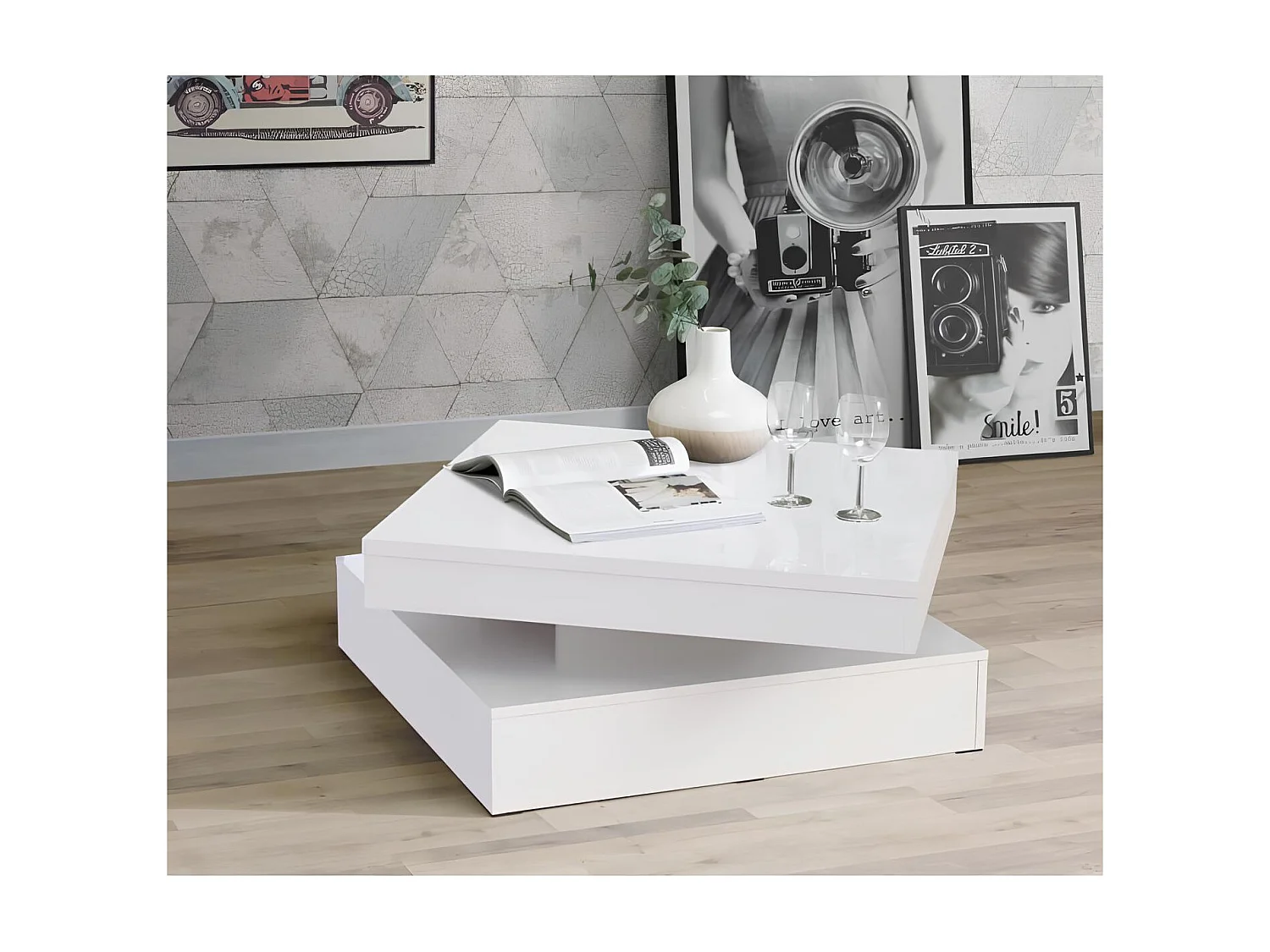 Table basse carrée plateau rotatif, blanc brillant
