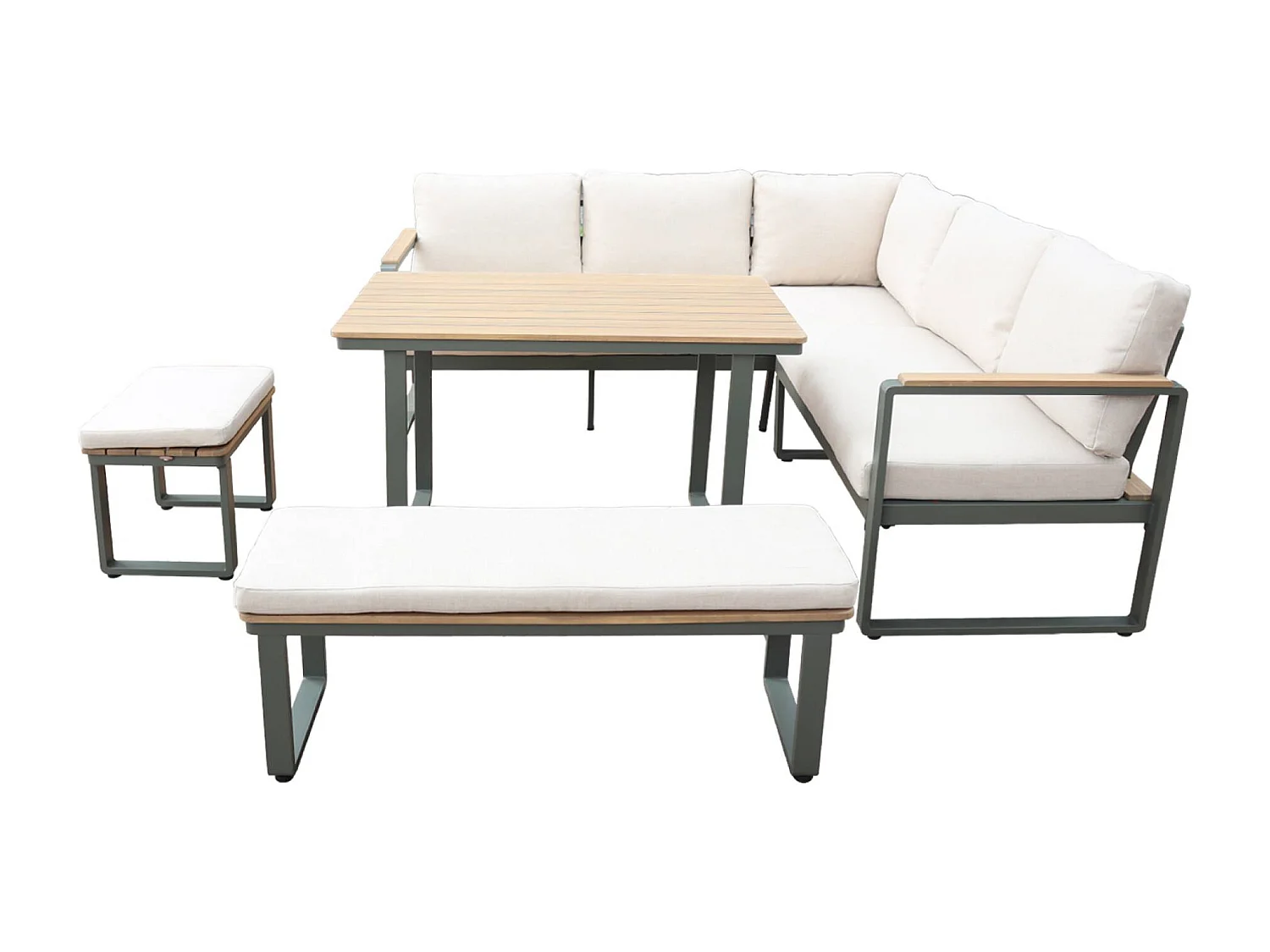 Salon de jardin PAMPAS 8 places en bois d'acacia et aluminium. coussins beiges en polyester. avec table rectangulaire