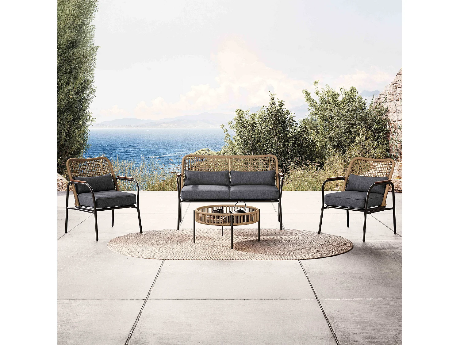 Salon de jardin 4 places en rotin synthétique bois/gris