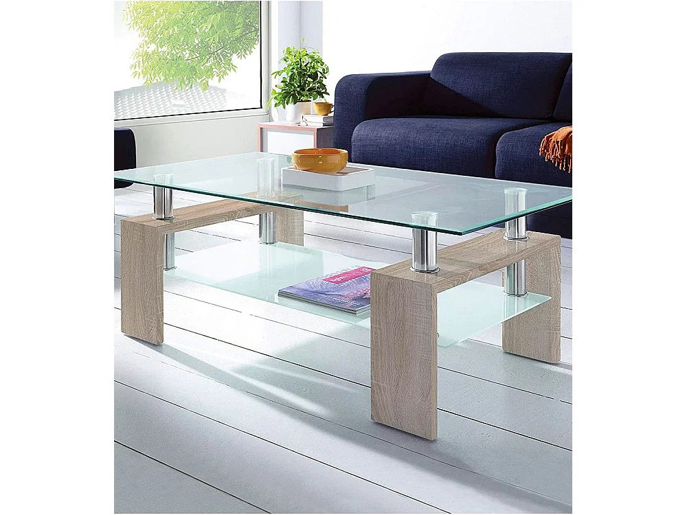 Mesa de centro de 43x100x60 cm con sobre de cristal y patas roble Kendra