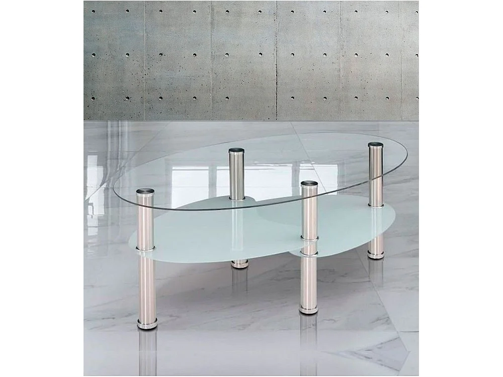 Mesa de centro ovalada de 90x55x43 cm sobre de cristal y revistero translúcido Denise