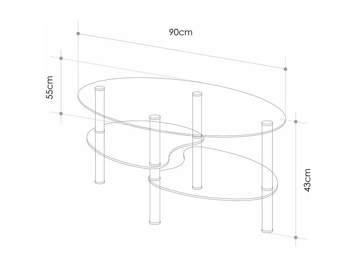 Mesa de centro ovalada de 90x55x43 cm sobre de cristal y revistero translúcido Denise