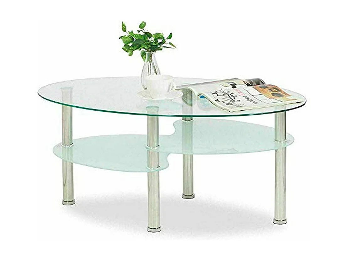 Mesa de centro ovalada de 90x55x43 cm sobre de cristal y revistero translúcido Denise