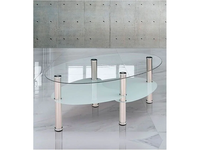 Mesa de centro ovalada de 90x55x43 cm sobre de cristal y revistero translúcido Denise