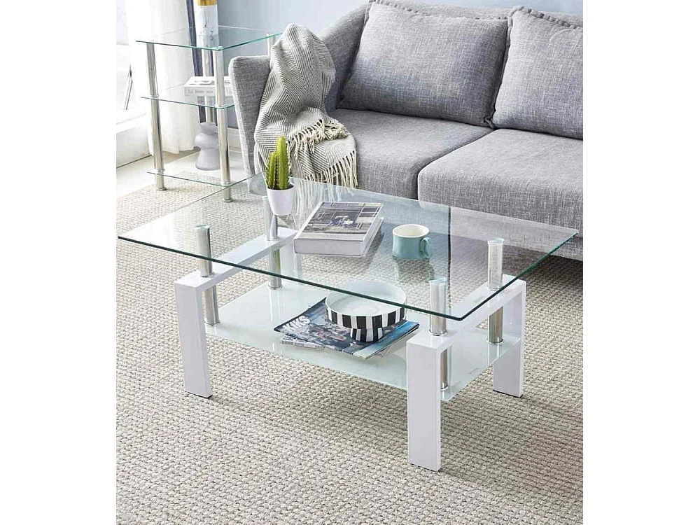 Mesa de centro de 43x100x60 cm con sobre de cristal y patas blancas Kendra