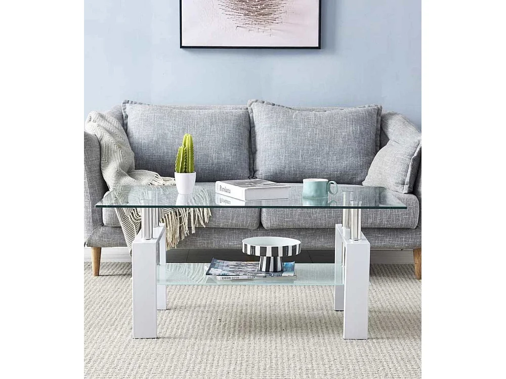 Mesa de centro de 43x100x60 cm con sobre de cristal y patas blancas Kendra