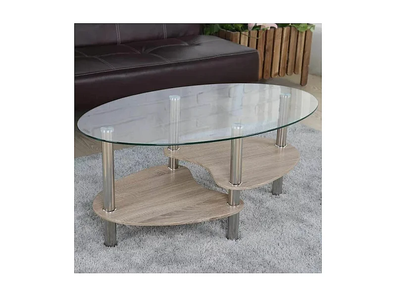 Mesa de centro ovalada de 90x55x43 cm sobre de cristal y revistero en madera Denise
