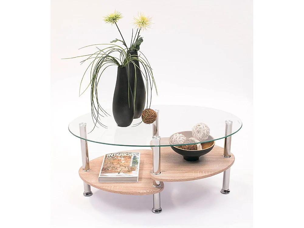 Mesa de centro ovalada de 90x55x43 cm sobre de cristal y revistero en madera Denise