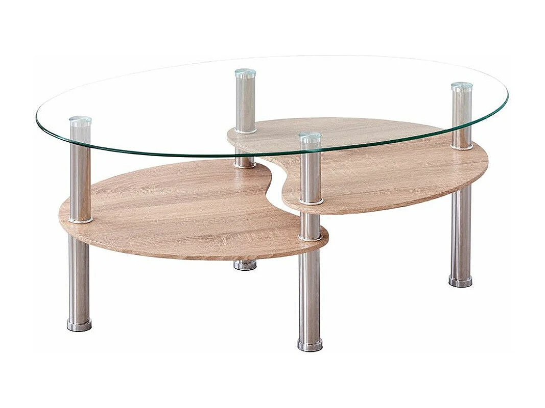 Mesa de centro ovalada de 90x55x43 cm sobre de cristal y revistero en madera Denise