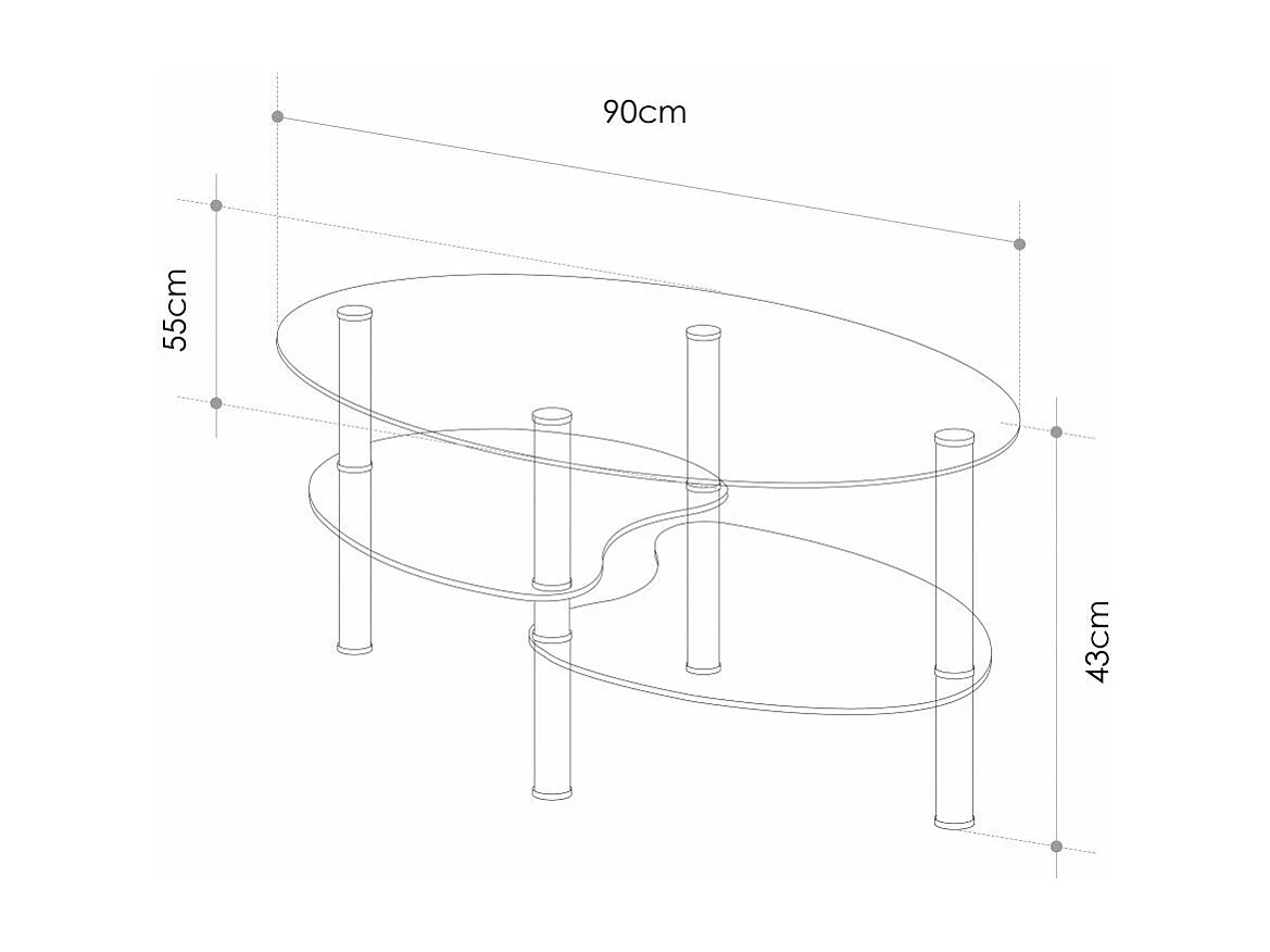 Mesa de centro ovalada de 90x55x43 cm sobre de cristal y revistero en madera Denise