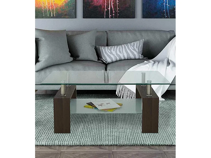 Mesa de centro de 43x100x60 cm con sobre de cristal y patas wengué Kendra