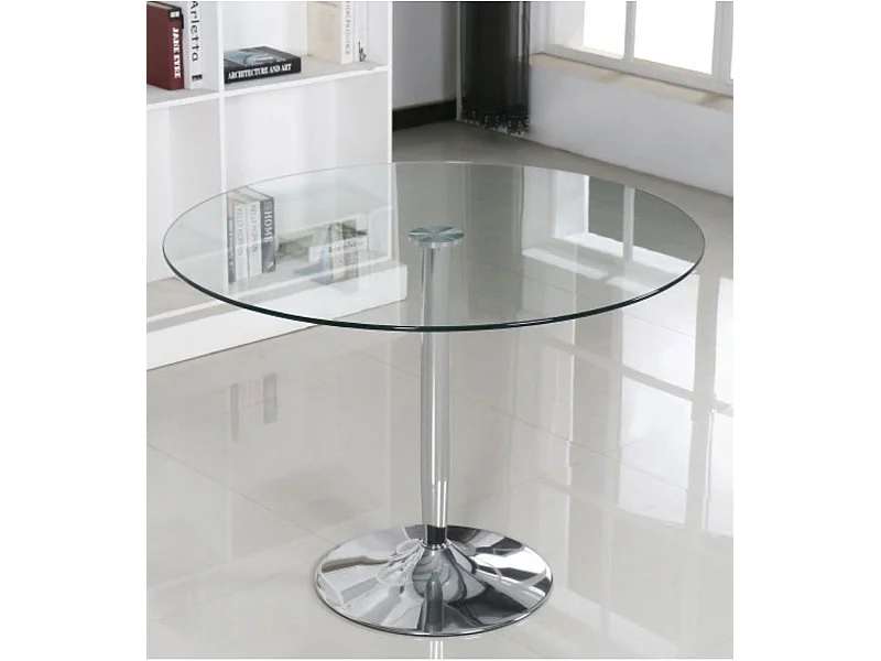 Mesa redonda de cristal de 90x75 cm con pata central metálica cromada Rune