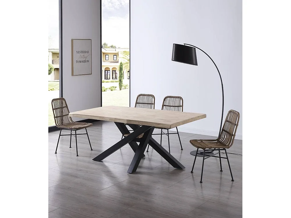 Mesa de comedor de 76x180x100 cm en color roble nordish y patas metálicas negras Gael