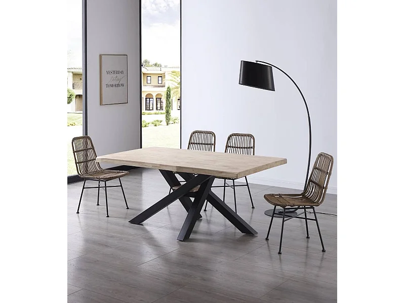 Mesa de comedor de 76x180x100 cm en color roble nordish y patas metálicas negras Gael