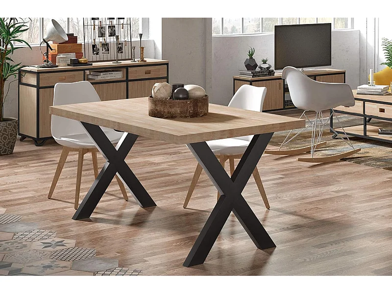 Mesa de comedor estilo industrial de 140x80x76 cm de madera y patas negras en 'X' Darek
