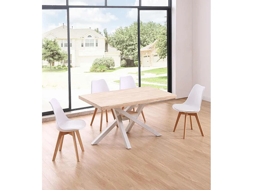 Mesa de comedor de 76x140x80 cm en color roble nordish y patas metálicas blancas Gael