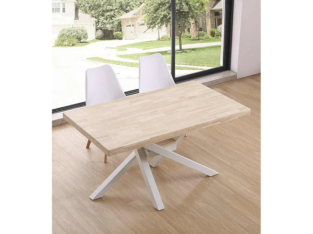 Mesa de comedor de 76x140x80 cm en color roble nordish y patas metálicas blancas Gael