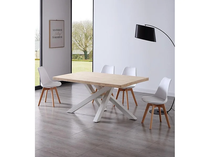 Mesa de comedor de 76x160x100 cm en color roble nordish y patas metálicas blancas Gael