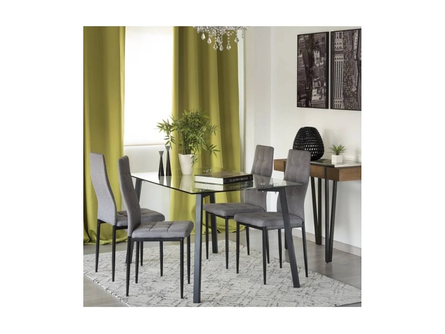 Mesa de comedor de cristal de 75x140x80 cm con patas metálicas en color negro Estocolmo