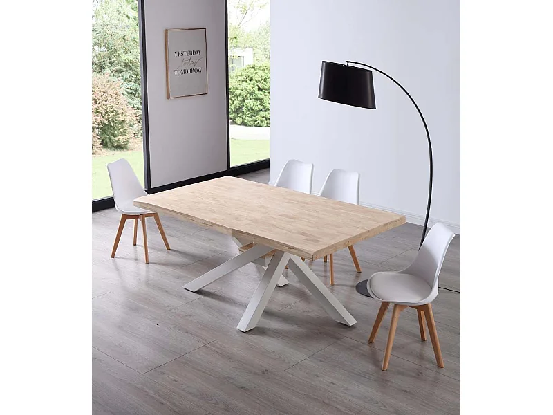 Mesa de comedor de 76x180x100 cm en color roble nordish y patas metálicas blancas Gael
