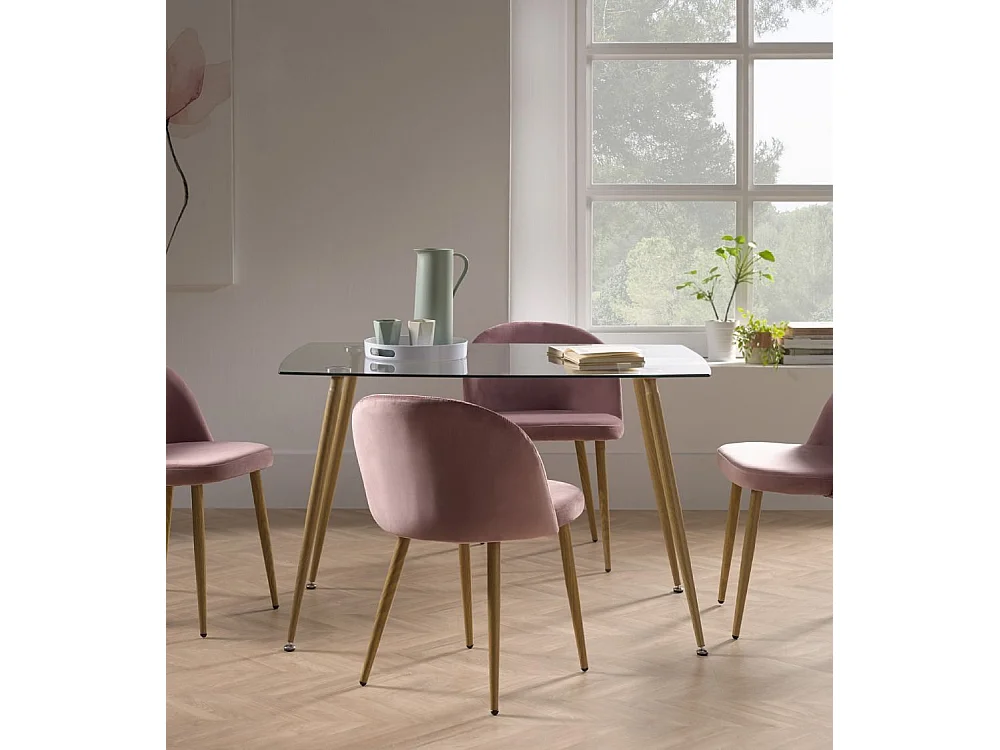 Mesa de cristal rectangular de 120x80x75 cm en color transparente y patas roble Varsovia
