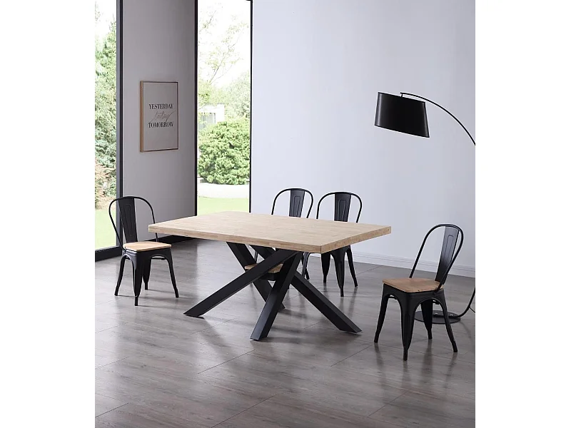 Mesa de comedor de 76x160x100 cm en color roble nordish y patas metálicas negras Gael