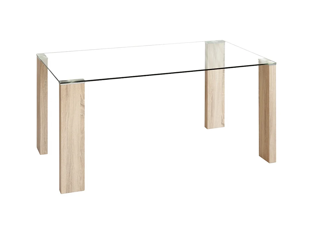 Mesa de salón-comedor rectangular de 140x90x76 cm transparente y patas roble Cannes