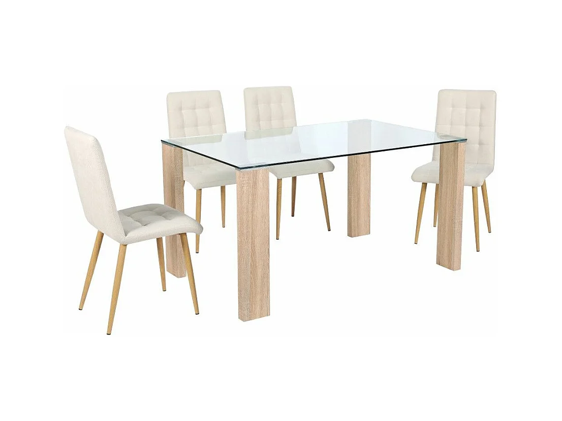 Mesa de salón-comedor rectangular de 140x90x76 cm transparente y patas roble Cannes