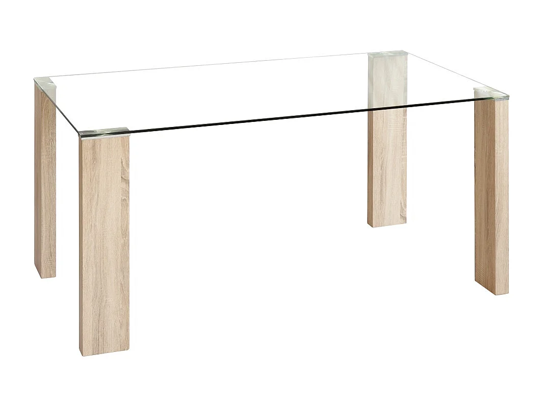 Mesa de salón-comedor rectangular de 140x90x76 cm transparente y patas roble Cannes