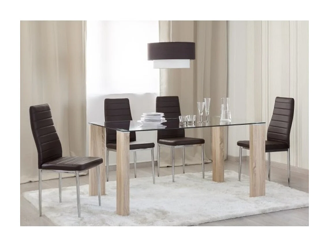 Mesa de salón-comedor rectangular de 140x90x76 cm transparente y patas roble Cannes