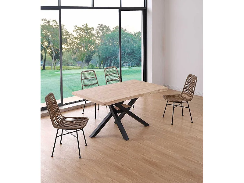 Mesa de comedor de 76x150x90 cm en color roble nordish y patas metálicas negras Gael