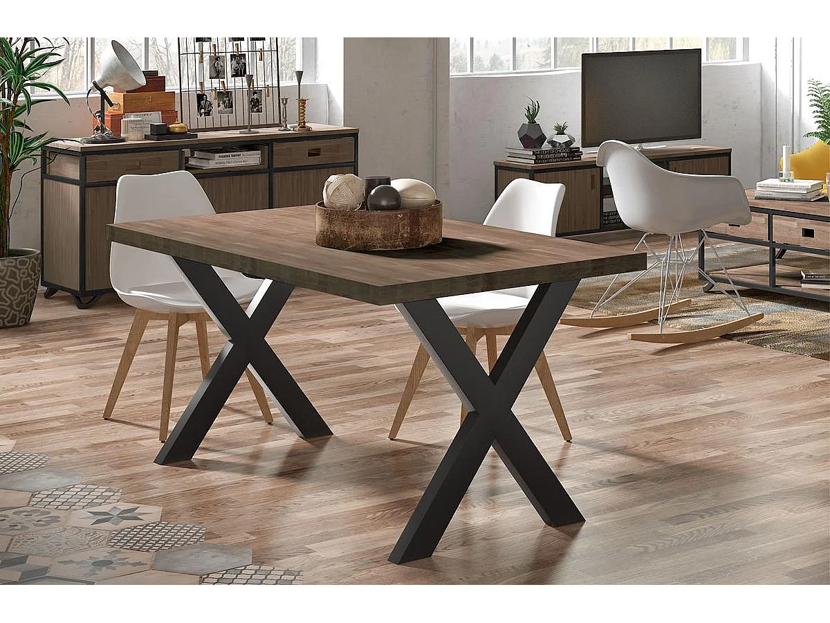 Mesa de comedor estilo industrial de 140x80x76 cm de madera y patas negras en 'X' Darek