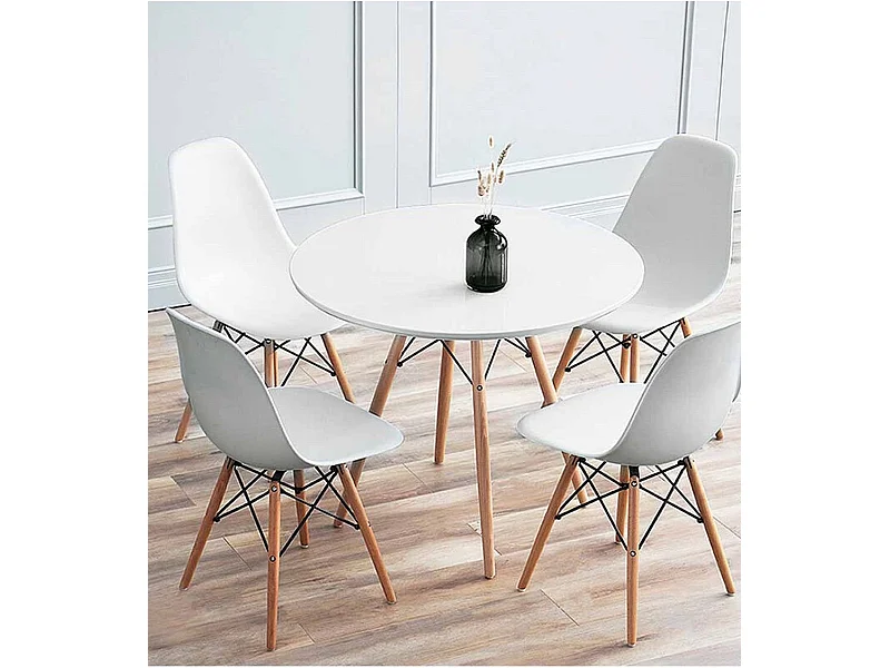 Mesa de comedor redonda de 75x80 cm con patas de madera y sobre en color blanco Nórdica