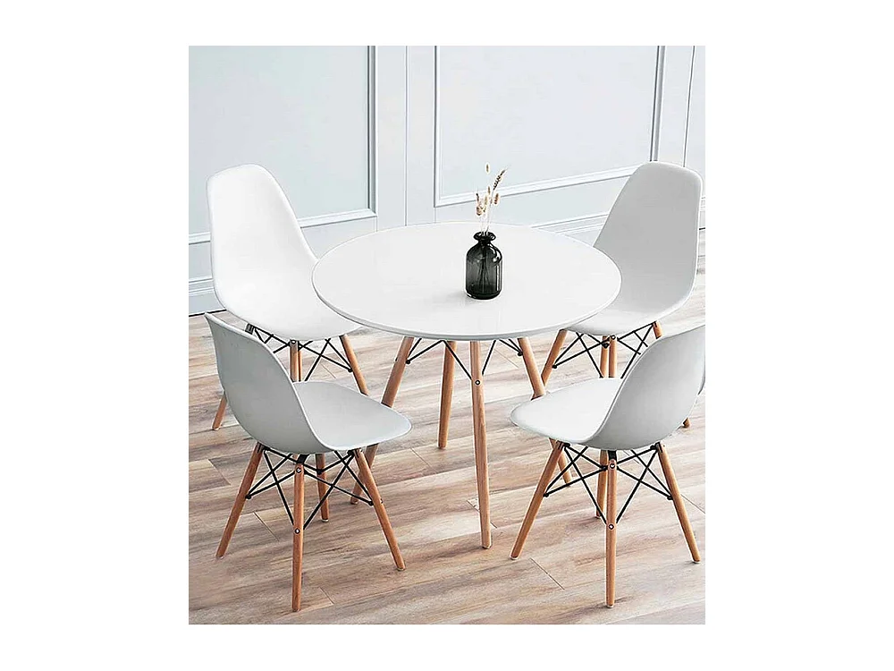 Mesa de comedor redonda de 75x80 cm con patas de madera y sobre en color blanco Nórdica