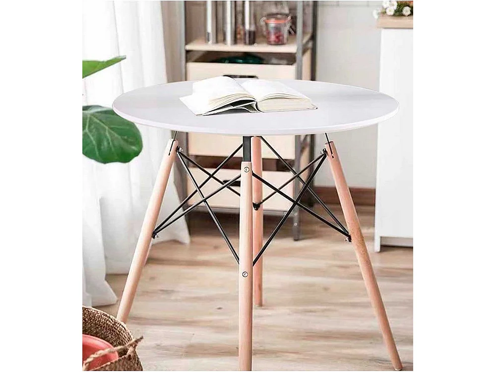Mesa de comedor redonda de 75x80 cm con patas de madera y sobre en color blanco Nórdica