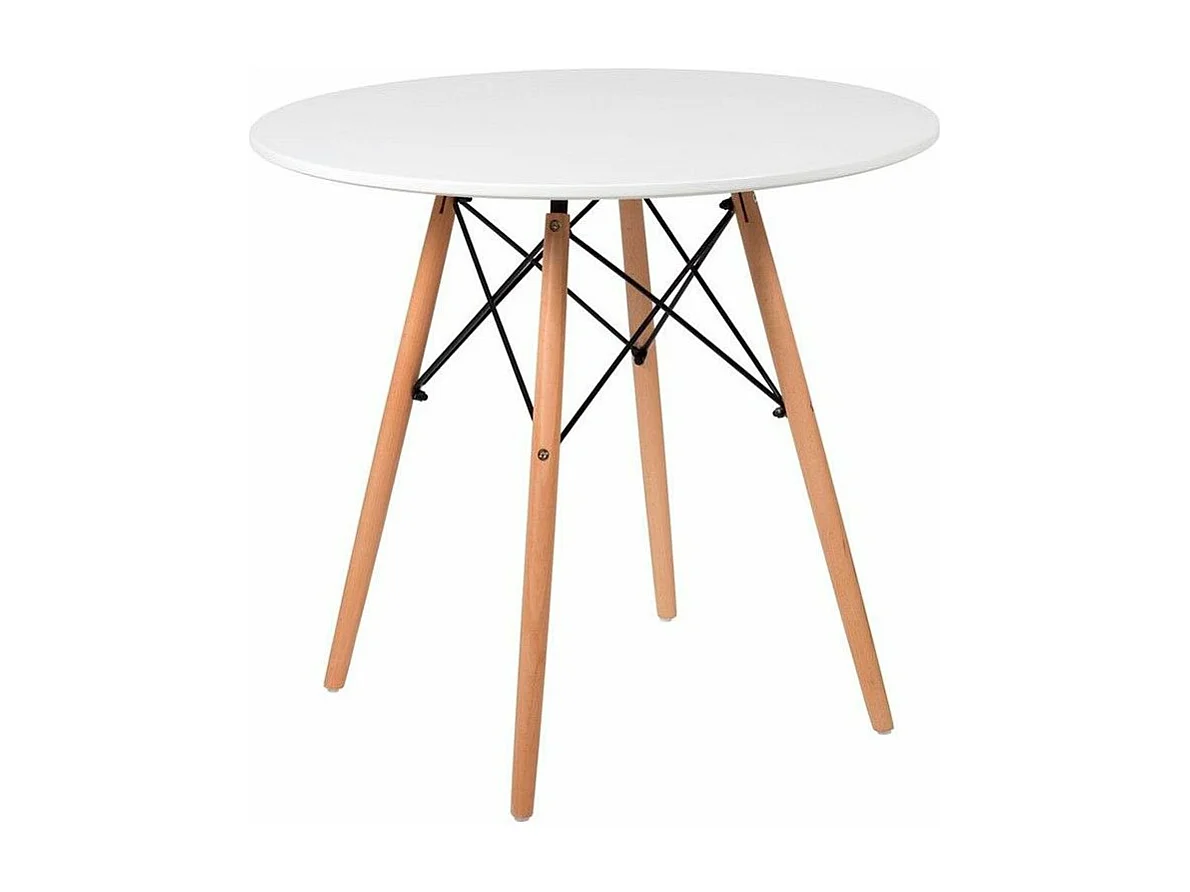 Mesa de comedor redonda de 75x80 cm con patas de madera y sobre en color blanco Nórdica